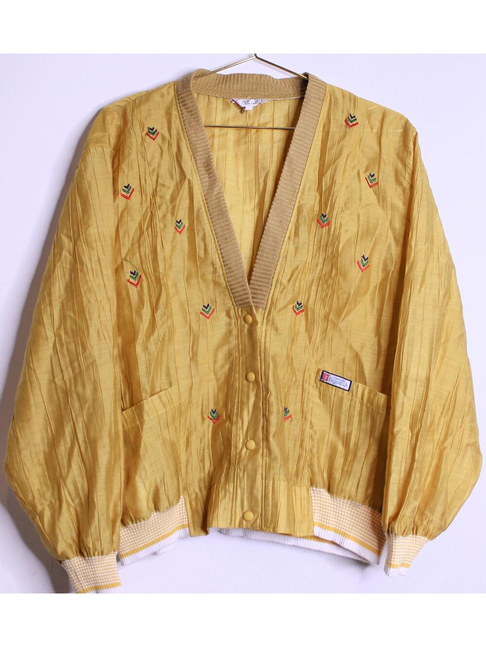 KPop JPop Style Yellow Pleated Sheer Satin Varsity Cardigan - Medium
